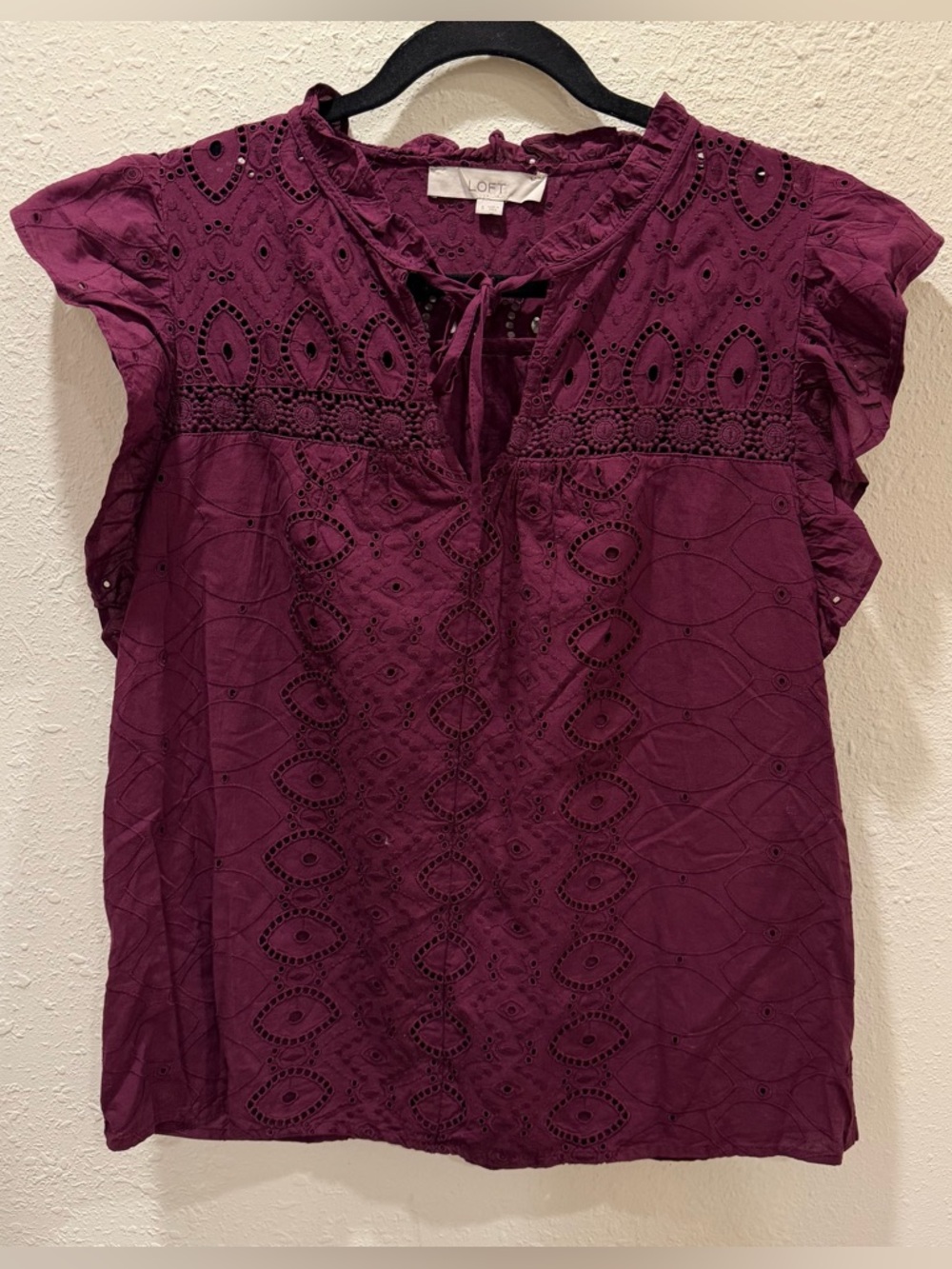 LOFT Purple Plum Eyelet Tie-Neck Flutter Sleeve Blouse
